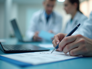 Physician taking notes with a laptop nearby