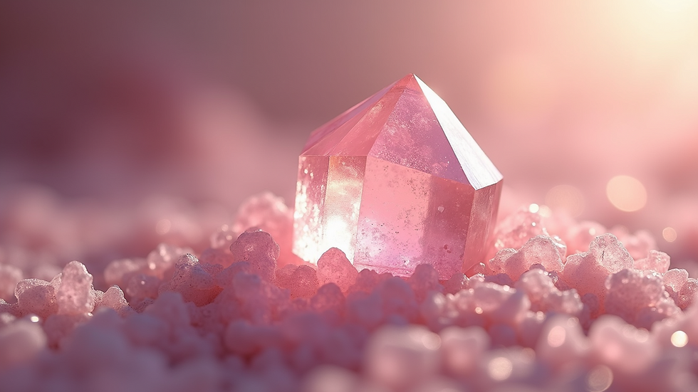 Close-up view of a rose quartz crystal glistening under soft light