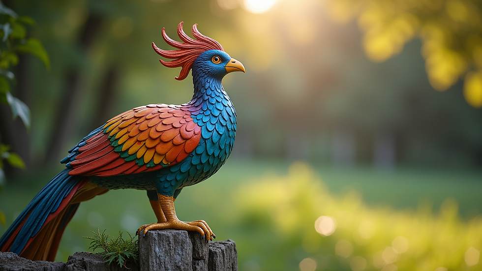 Close-up view of a colorful phoenix statuette