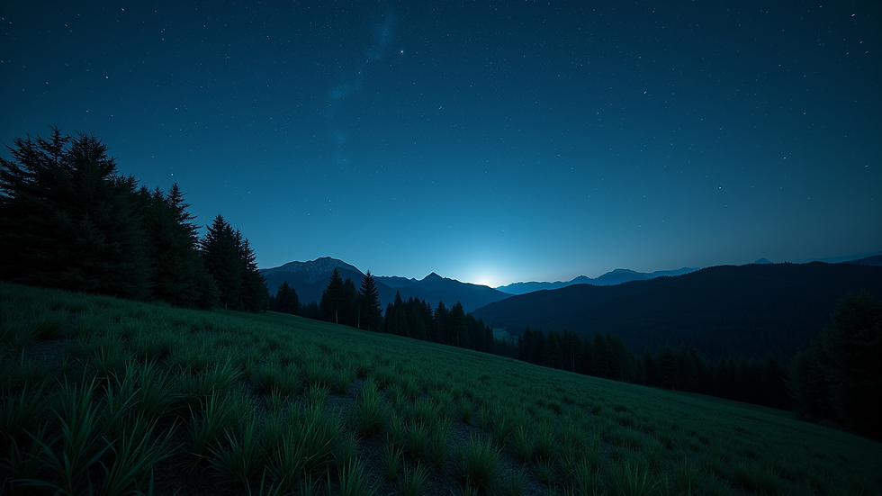 Wide angle view of a lush landscape under a starry night sky