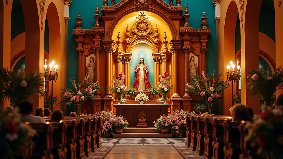High angle view of an altar decorated for a Mexican folk saint celebration