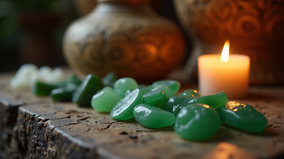 Eye-level view of an altar adorned with jade pieces and mystical elements