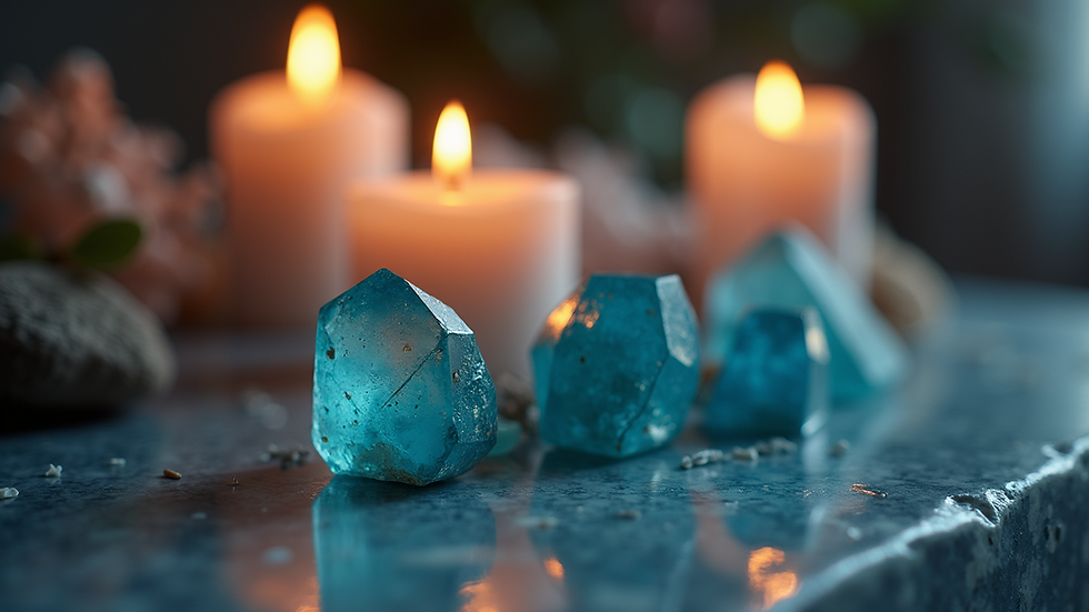 Eye-level view of a candlelit altar with blue apatite and other crystals