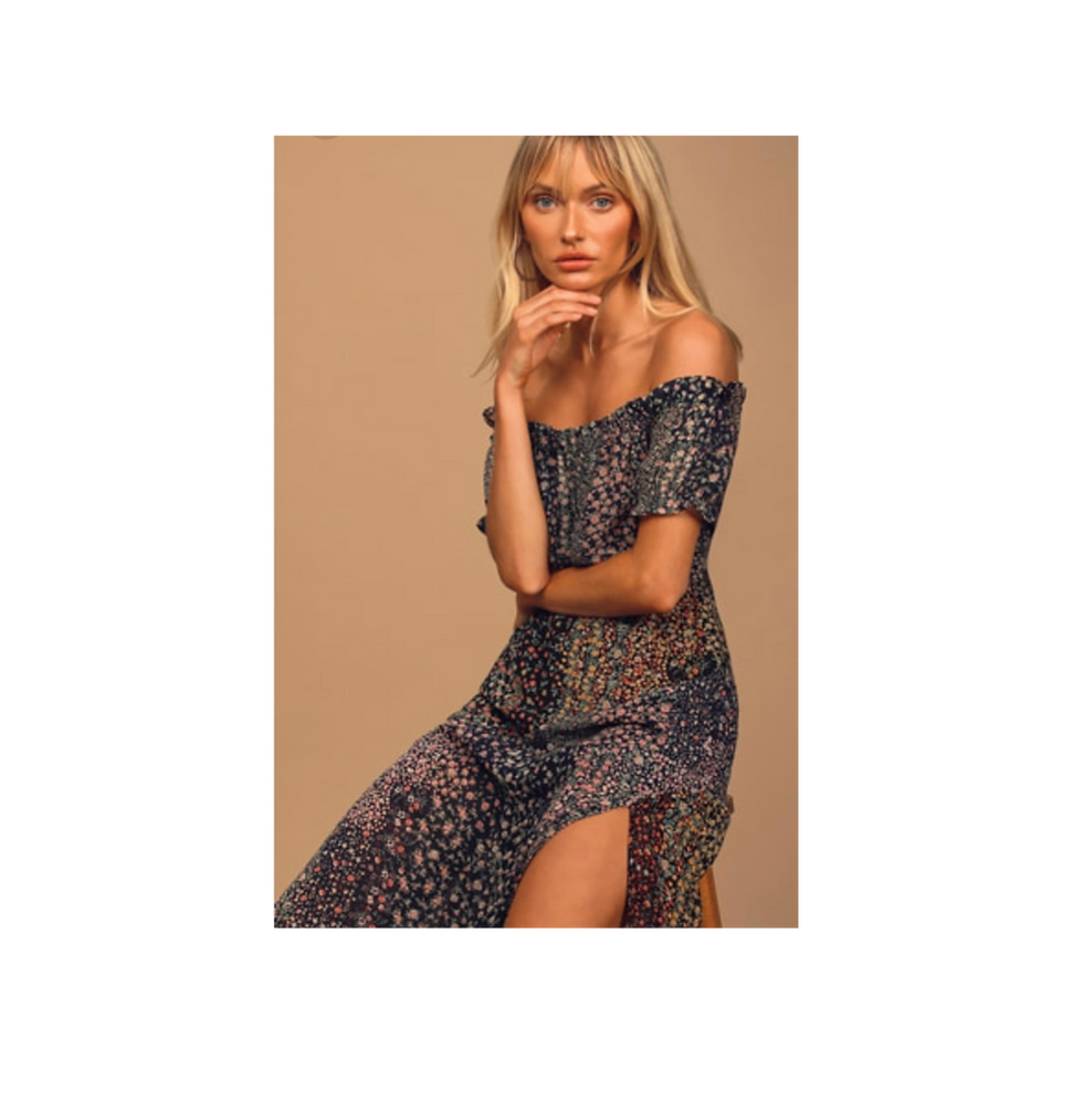 Thumbnail: Neva Navy Blue Floral Print Off-the-Shoulder Maxi Dress Size X-Small
