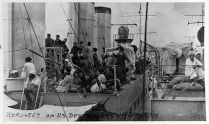 Refugees aboard USS EDSALL (DD-219) during the evacuation of Smyrna after its capture by the Turkish Army (Admiral Thomas C. Kinkaid/NHHC)