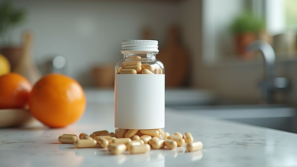 Eye-level view of a bottle of magnesium glycinate capsules on a kitchen counter
