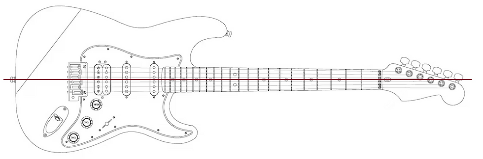Nell'immagine è possibile vedere la linea immaginaria che passa, a partire da sinistra, al centro del ponte, dei pickup e dell'intero manico fino al capotasto.