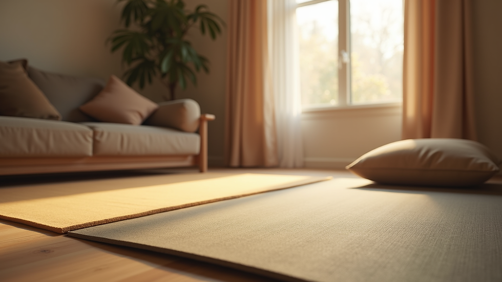 Eye-level view of a cozy home yoga space with a mat and soft lighting
