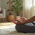 A woman sitting cross‑legged on a soft white rug, hands resting gently on her knees in a meditation mudra