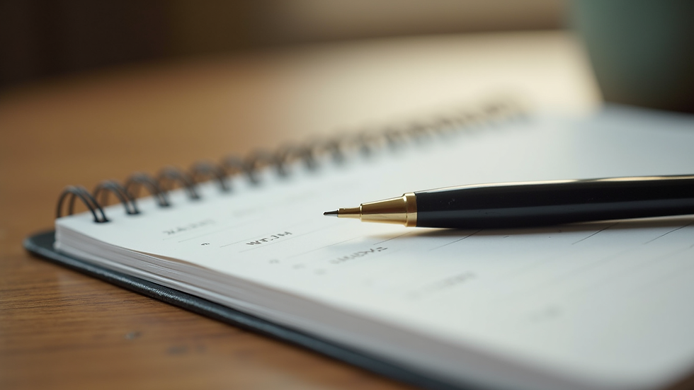 Close-up view of a journal and pen on a wooden table for mindful reflection