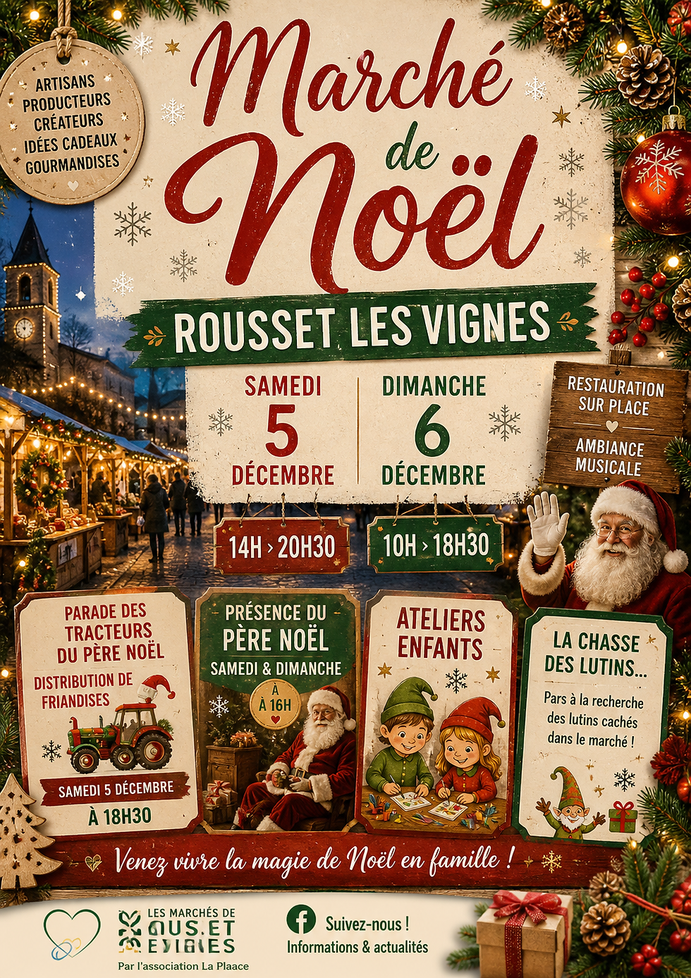 le Samedi 5 et dimanche 6 décembre 2026 Rousset-les-Vignes Venez nous retrouver dans une ambiance chaleureuse, festive et conviviale pour découvrir ou redécouvrir les produits de notre exploitation, élaborés et conditionnés avec passion au cœur de notre terroir.