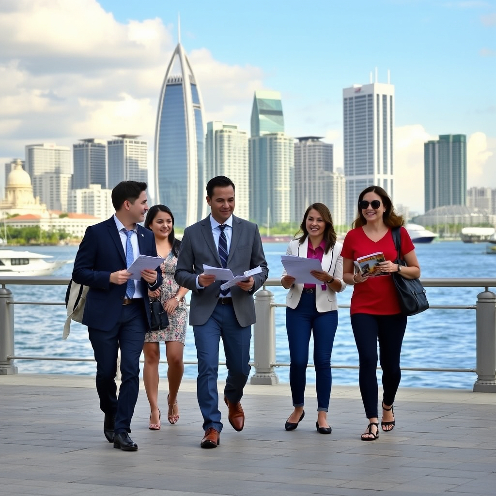 A small group led by an agent in front of an iconic Panama skyline or waterfront, holding