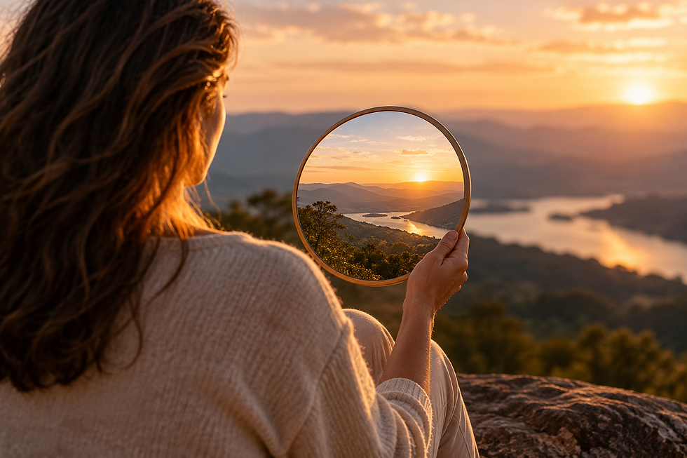 Mulher observando a paisagem através de um espelho”