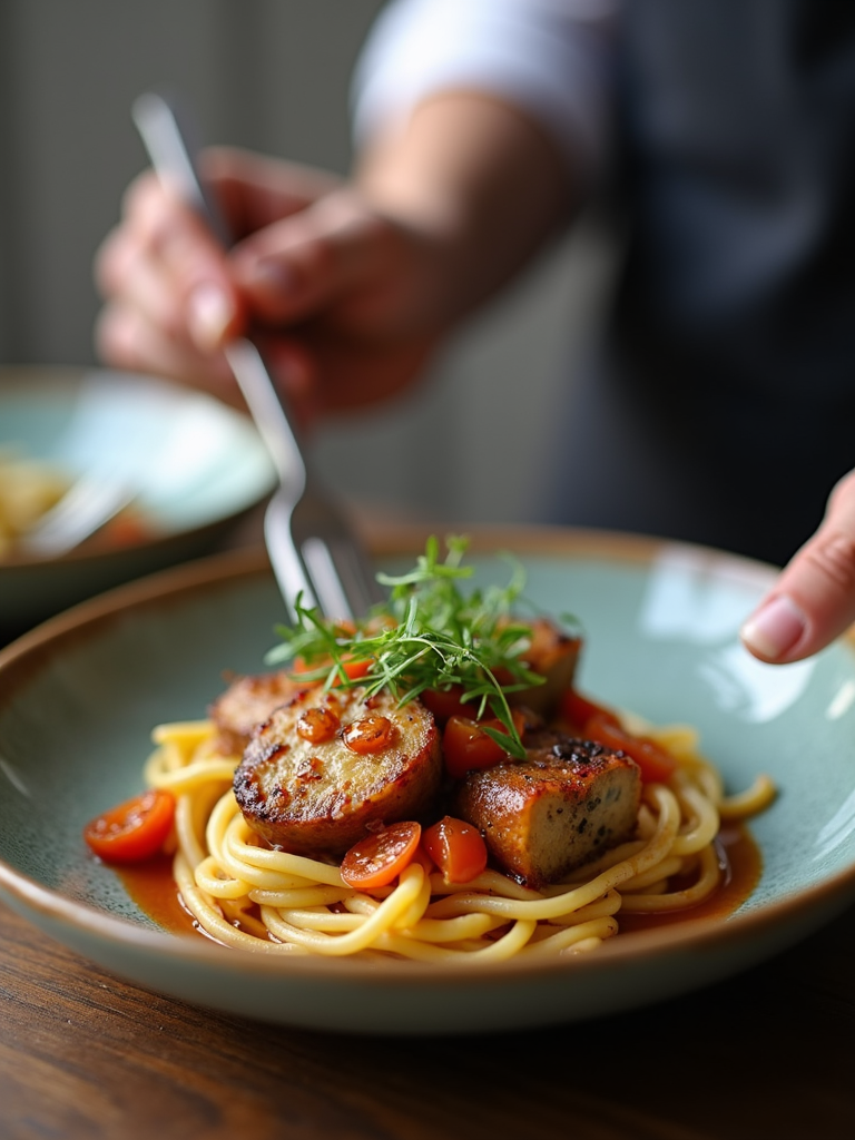 A close-up shot of a chef's hands artfully plating a beautiful comfort food dish, highligh