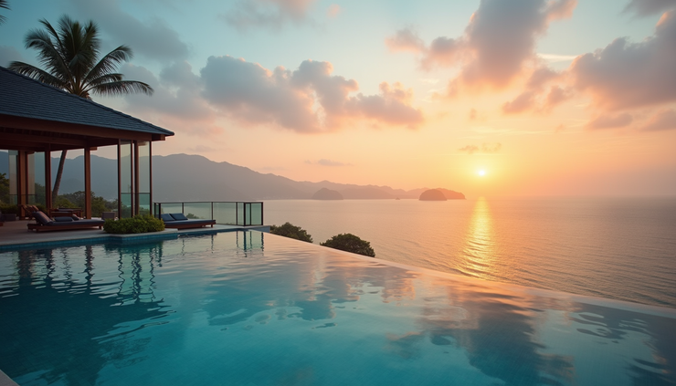 Eye-level view of a private infinity pool overlooking the Andaman Sea at a luxury Phuket resort