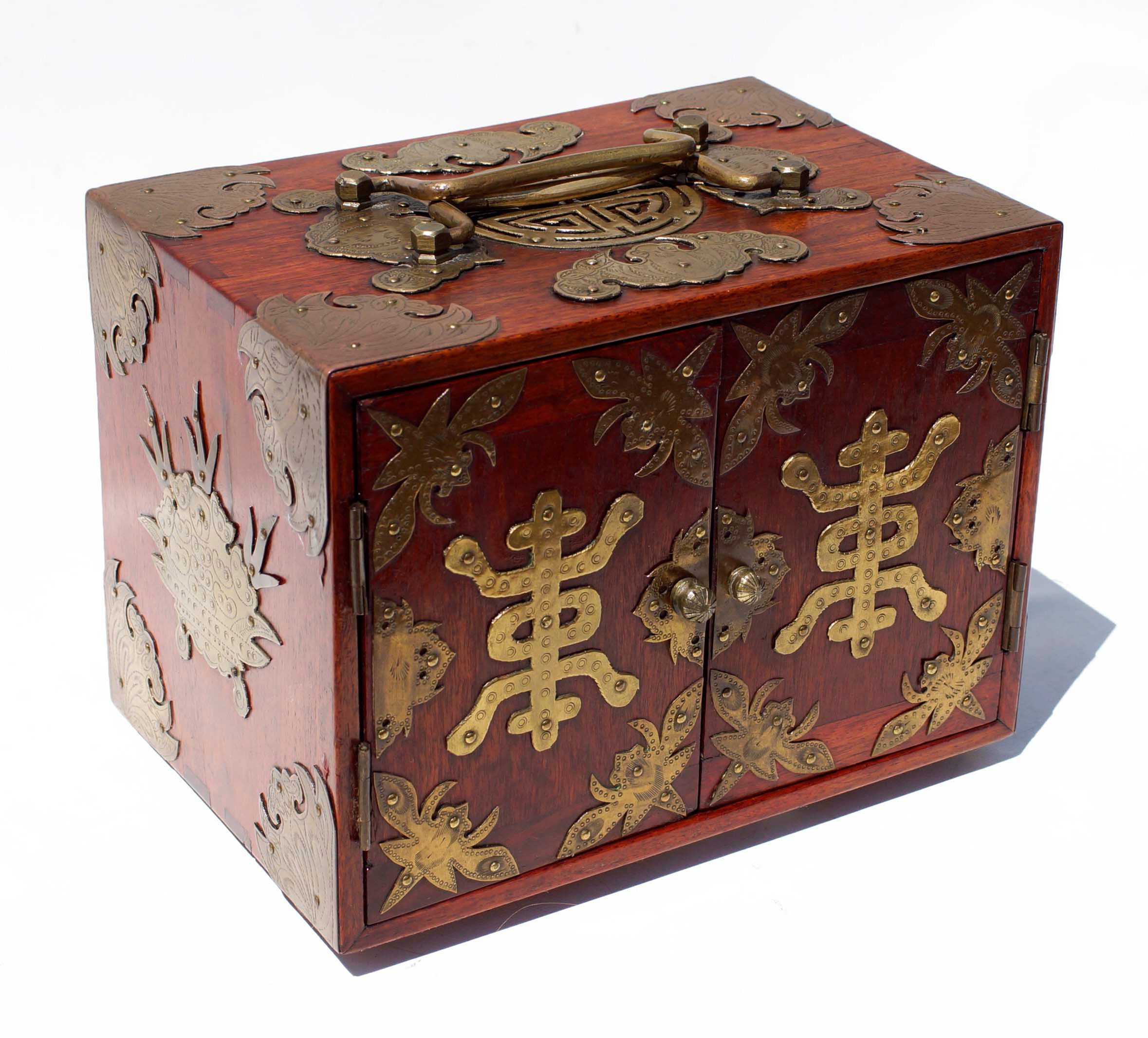 Heavily Decorated Brass Double Door mahjong case with thick bone Tiles