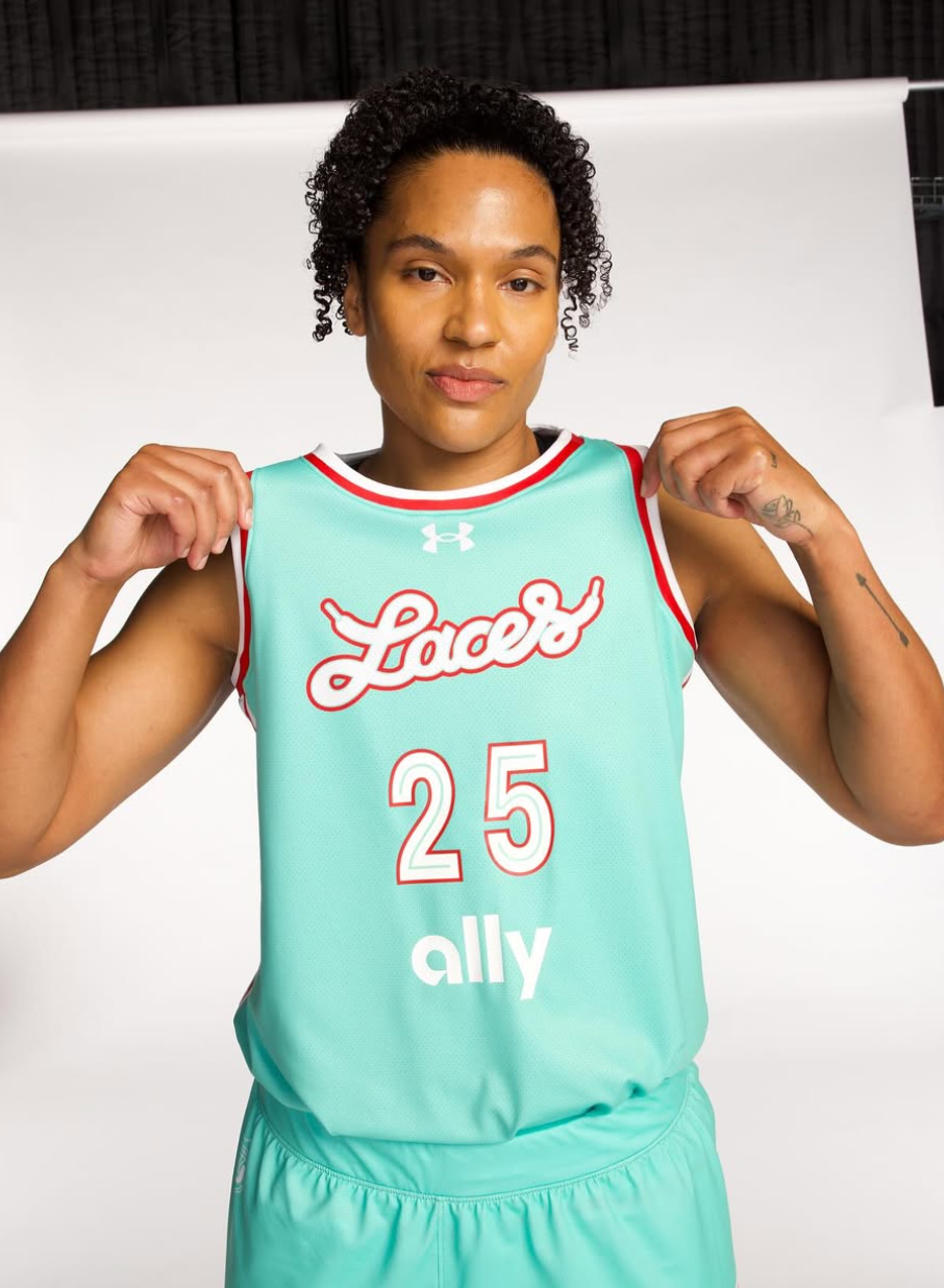 Alyssa Thomas poses in her Laces BC uniform for Unrivaled media day.
