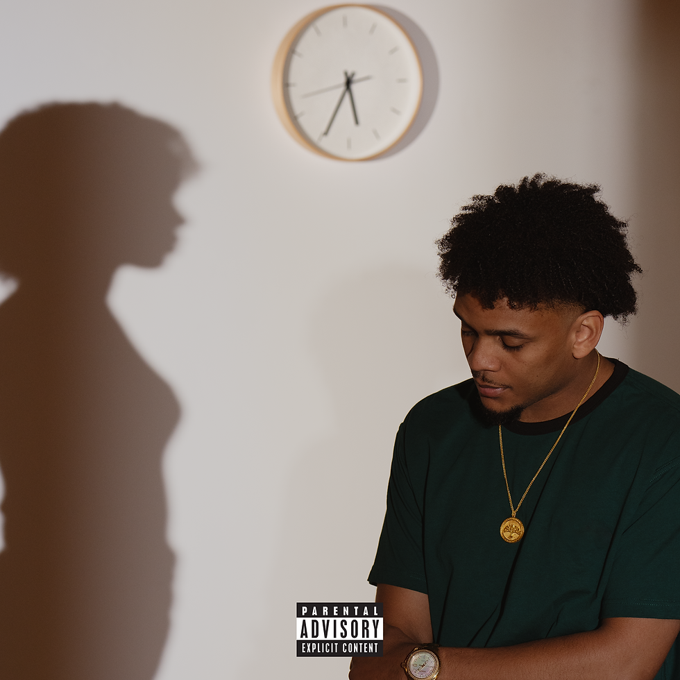 The cover art for Mayzin's "Wasting Time" featuring him sitting under a clock with the silhouette of a woman.