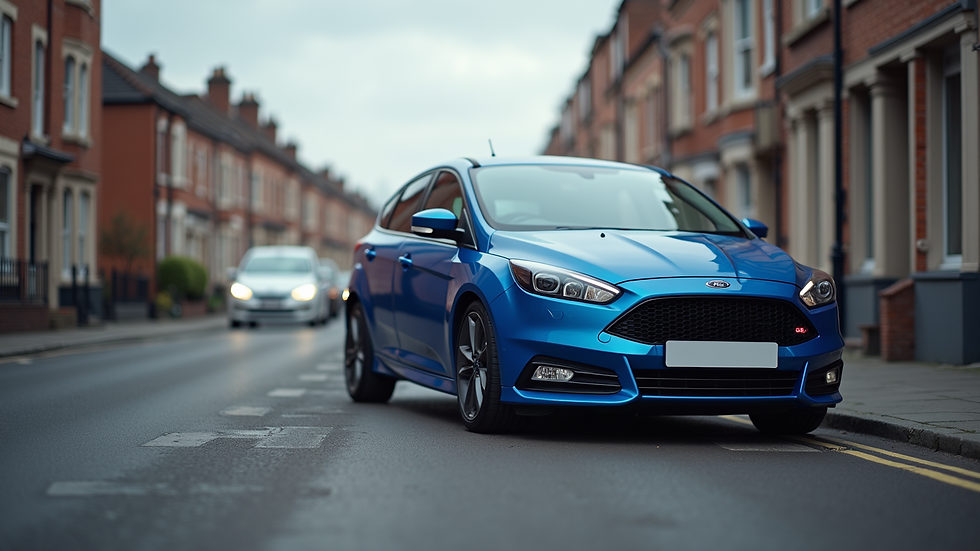 Eye-level view of a blue Ford Focus parked on the road