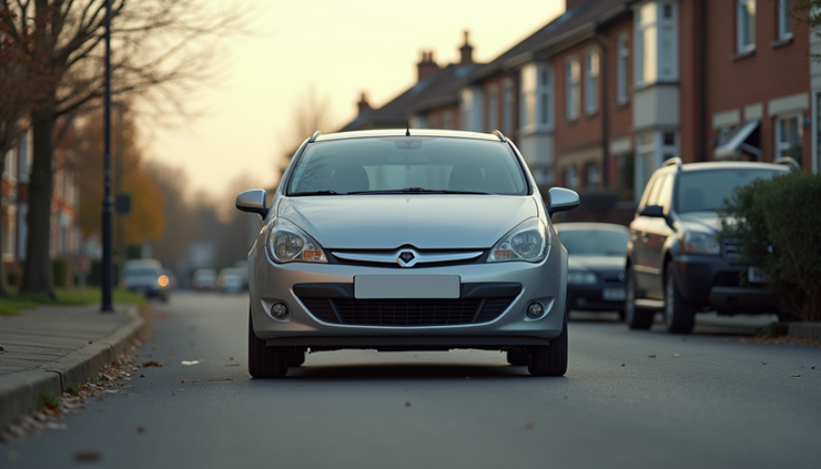 Eye-level view of a 7 year old silver hatchback parked on a suburban street