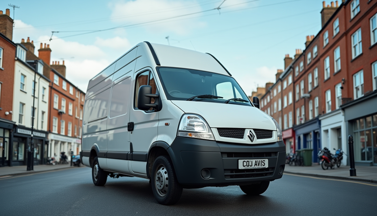 Eye-level view of a white commercial van parked on a UK street