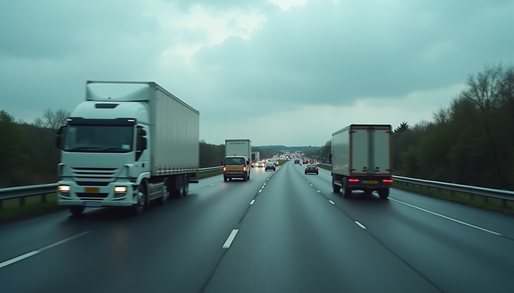 Eye-level view of a UK motorway with various vehicles driving under cloudy skies