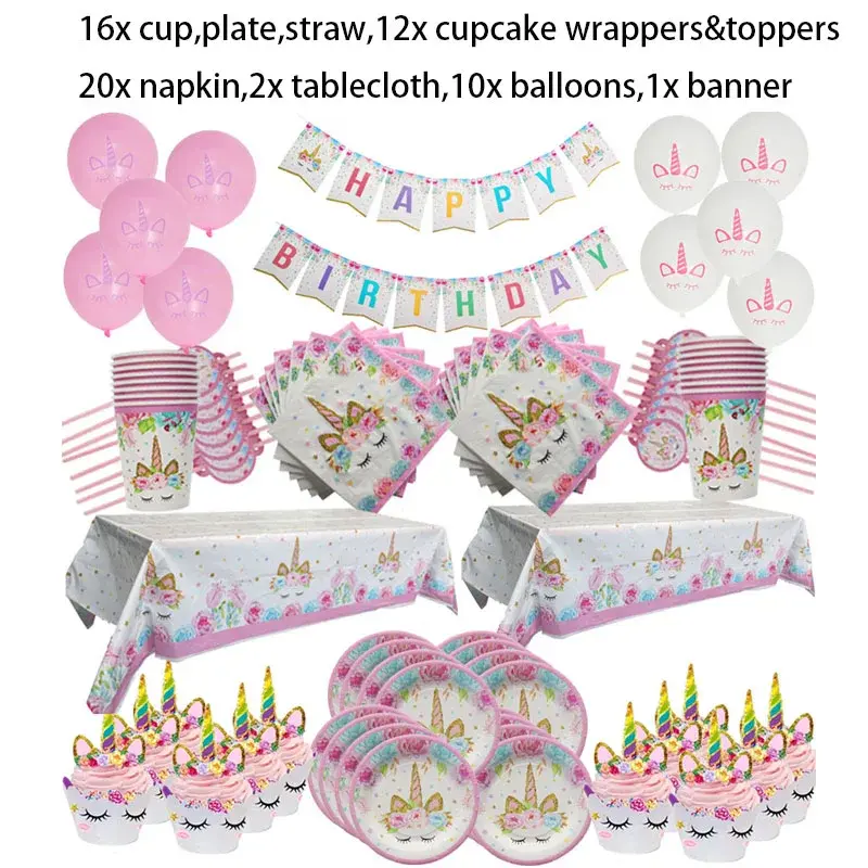 Thumbnail: Baptism Center Unicorn Party Disposable Tableware Set – Pink Plates, Cups & Napk