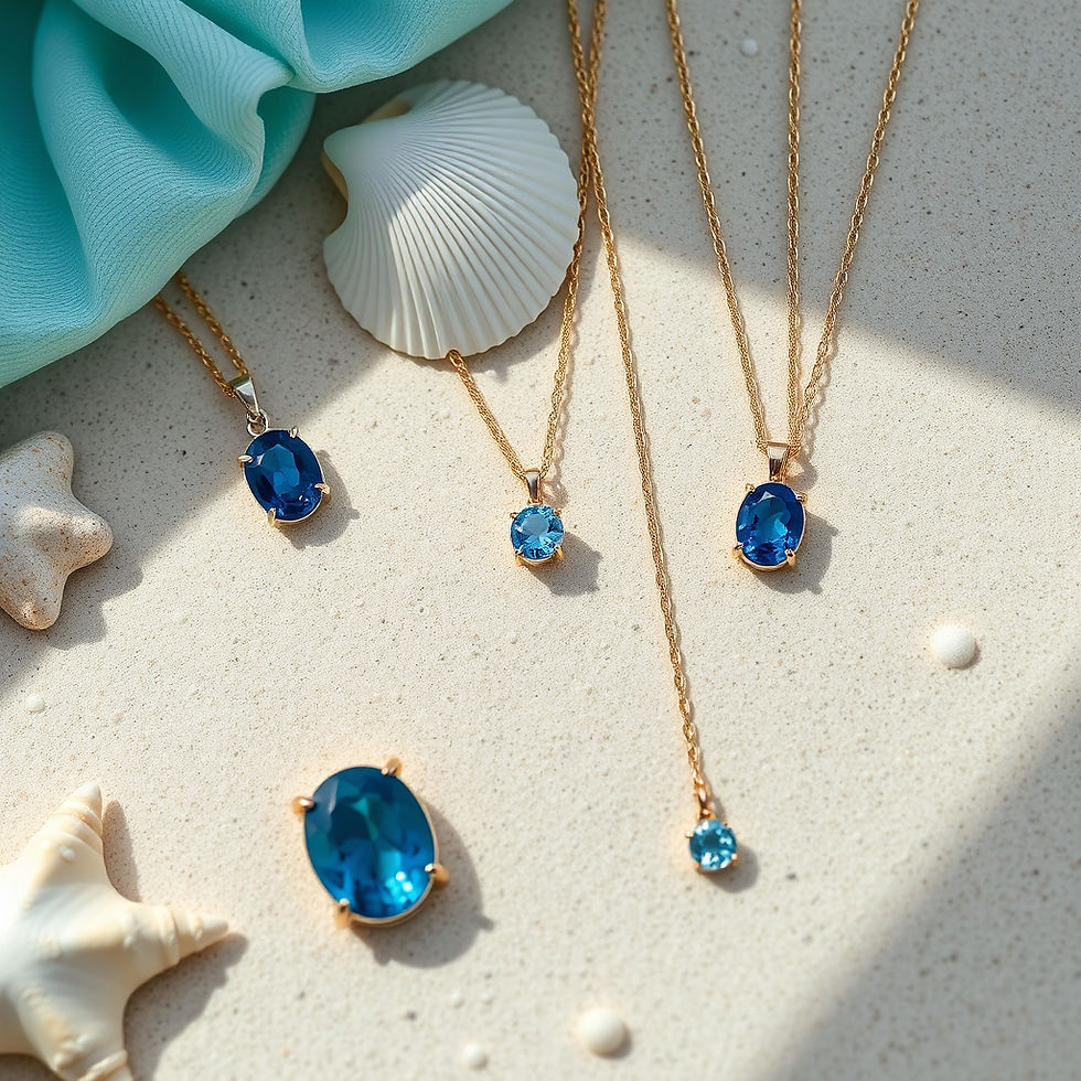 Delicate blue sapphire and mixed blue gemstone jewelry arranged in a beach-inspired flat lay with soft sand, seashell accents, and airy ocean tones, featuring dainty gold and white gold rings, necklaces, and bracelets illuminated by natural light for a serene, high-end aesthetic.