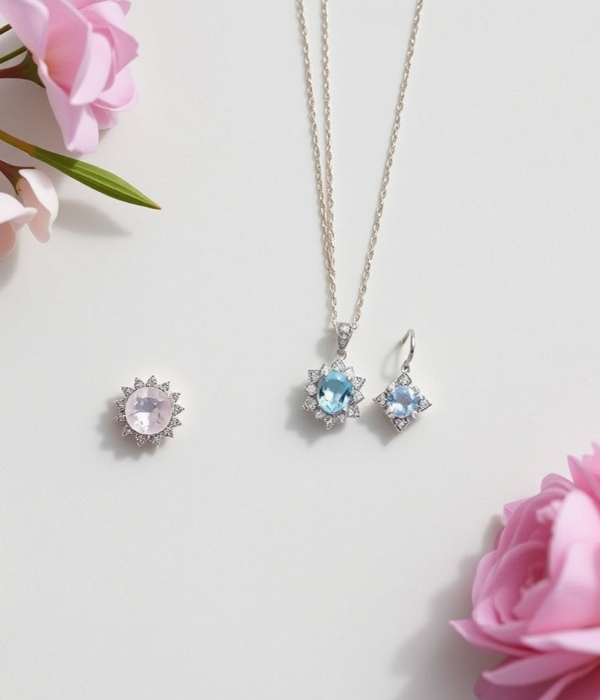 Soft, minimalist flat lay of fine jewelry featuring delicate rings, necklaces, and earrings with pastel gemstones in powder pink, lavender, and sky blue, arranged on a simple light gray background with soft natural lighting, highlighting a refined True Summer color palette aesthetic.
