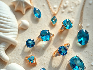 Delicate blue sapphire and mixed blue gemstone jewelry arranged in a beach-inspired flat lay with soft sand, seashell accents, and airy ocean tones, featuring dainty gold and white gold rings, necklaces, and bracelets illuminated by natural light for a serene, high-end aesthetic.