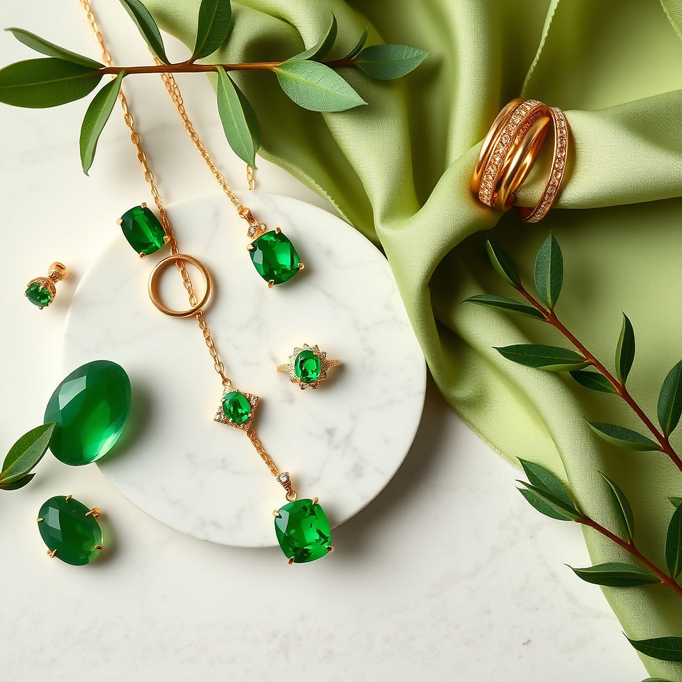 Luxurious flat lay of green gemstone jewelry, including jade, emerald, lime, and olive tones set in gold, styled with silk, marble, and soft greenery on a neutral background with diffused lighting.
