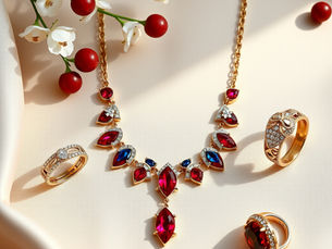 Elegant gold jewelry set featuring a statement necklace adorned with red and blue gemstones and sparkling diamond accents, accompanied by three matching gold rings with intricate designs. The pieces are artfully arranged on a soft cream background, with delicate white flowers and red berries adding a subtle, natural touch. The lighting highlights the rich colors and fine craftsmanship, creating a sophisticated and patriotic-inspired display.