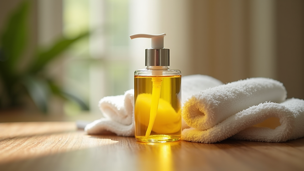 Eye-level view of a bottle of body oil next to a damp towel on a wooden surface