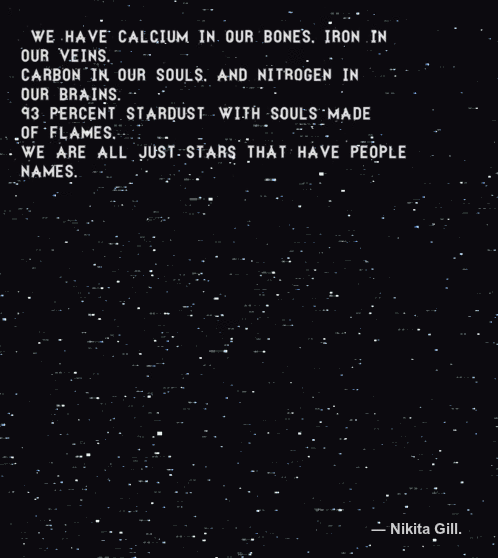 We have calcium in our bones, iron in our veins, Carbon in our souls and Nitrogen in our brains, 93 percent stardust with souls made of flames. We are all just stars that have people names.