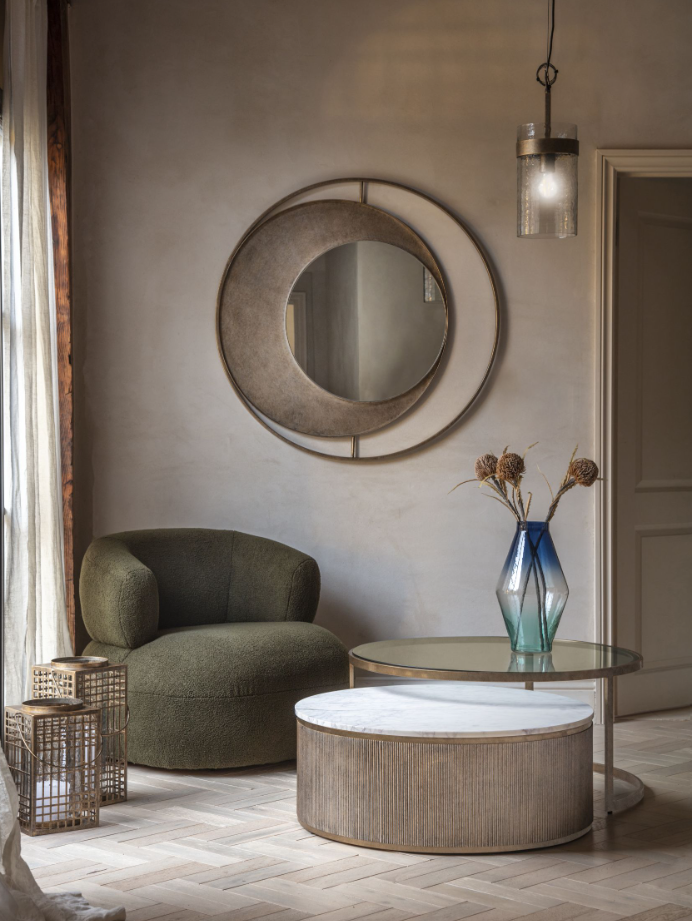 Thumbnail: Belvedere Aged Gold Set of 2 Nesting Coffee Tables with Marble and Tinted Glass