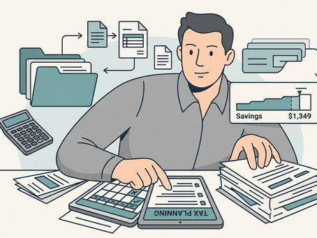 Freelancer tax planning illustration showing a self-employed person calculating taxes, organizing documents, tracking expenses, and reviewing savings to reduce tax liability