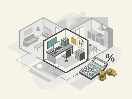 Freelancer home office deduction illustration showing dedicated workspace inside a home with calculator and percentage symbol representing business-use tax write-offs