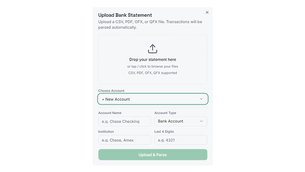 SnapTax bank statement upload showing drag and drop CSV, PDF, OFX, and QFX file support with no bank connection required for freelancers and 1099 workers