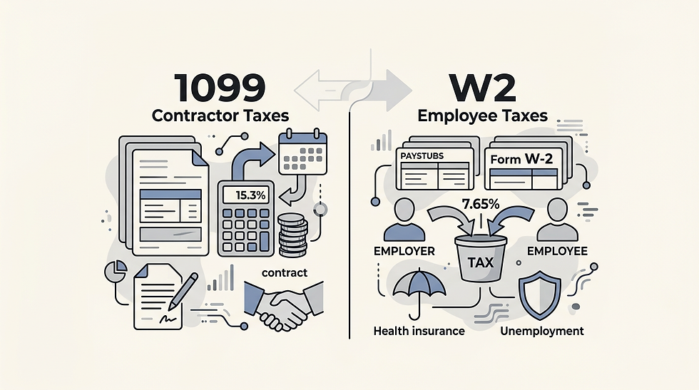 Side-by-side diagram explaining the difference between 1099 contractor taxes and W-2 employee taxes including self-employment tax and FICA withholding.