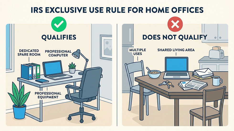 IRS exclusive use rule illustration showing qualifying home office setup vs non-qualifying shared living space for freelancer home office tax deduction