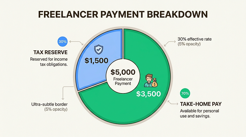 Split between personal income and tax obligations for freelancers Freelancer payment breakdown chart showing tax reserve versus take-home pay, highlighting 30% set aside for taxes and 70% net income after tax obligations