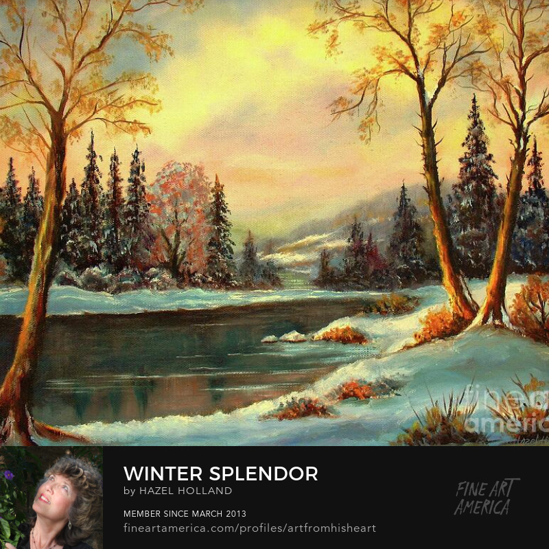 Winter landscape painting with snowy trees by a serene river. Warm sky tones and tranquil mood. Artwork by Hazel Holland.