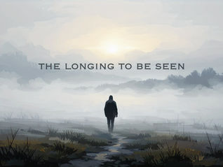 A solitary figure walking through a misty landscape—soft fog surrounds them, obscuring the path ahead. The figure is slightly hunched, yet moving forward with quiet determination.