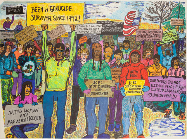 Indigenous ICE protest: 2026. Pencil, Marker and Ink. 60in x 45in.