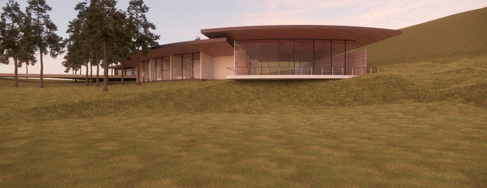 Exterior rendering of a modern, curvilinear guest house on Lake Chelan, WA designed by modFORM LLC