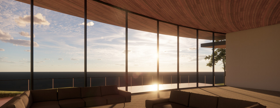 Interior rendering of a modern, curvilinear guest house on Lake Chelan, WA designed by modFORM LLC