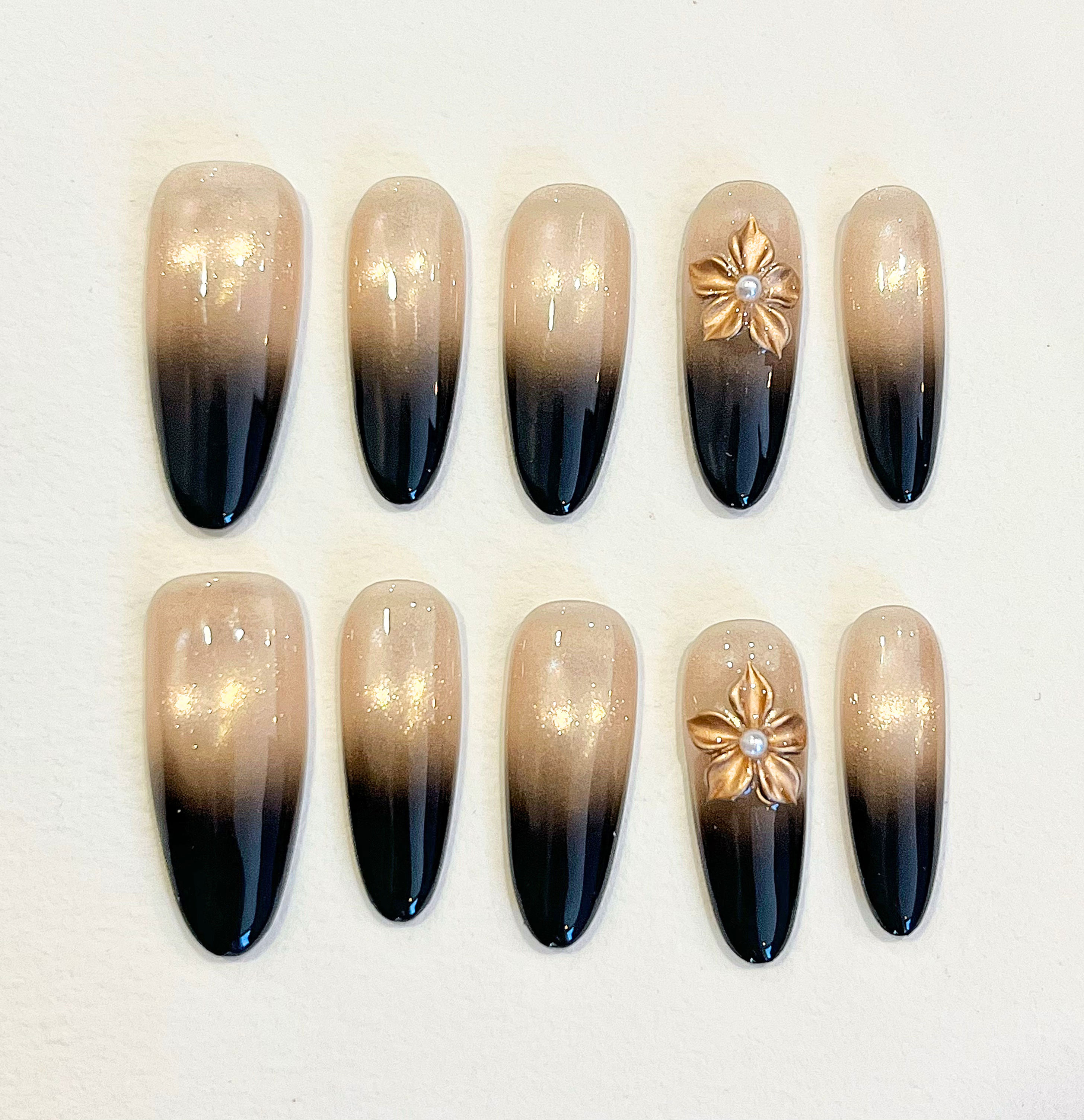 Nailvana Handmade Golden Noir Ombre Press-on Nails (long oval shape)