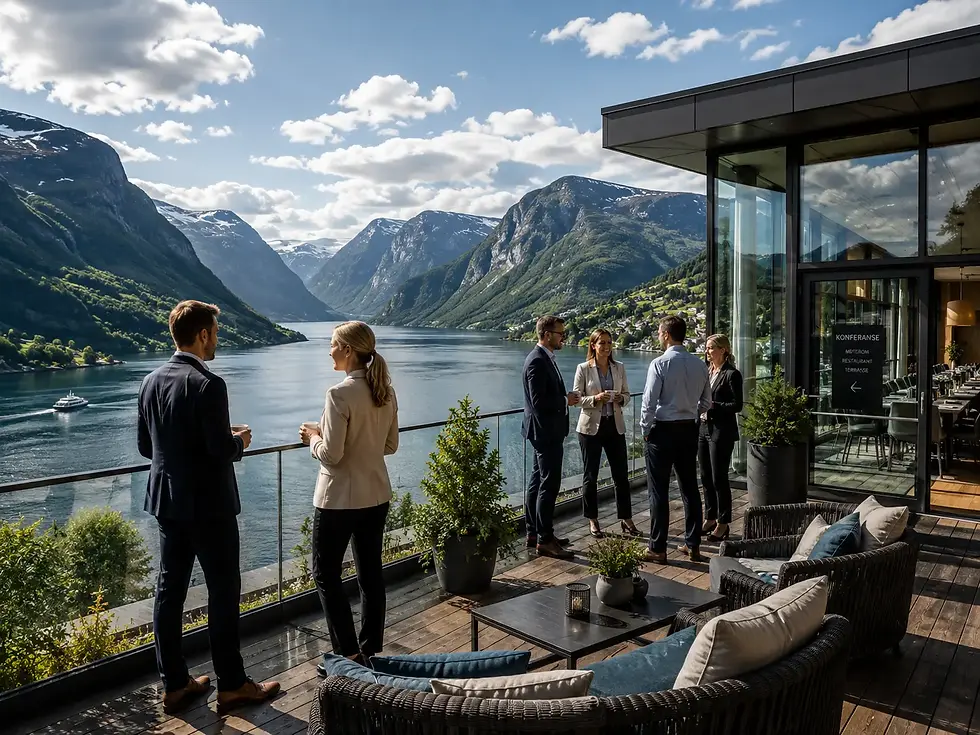 Konferansested ved norsk fjord med møtefasiliteter, terrasse og bedriftsgruppe