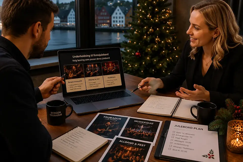 Planlegging av musikk og underholdning til firmajulebord i Bergen