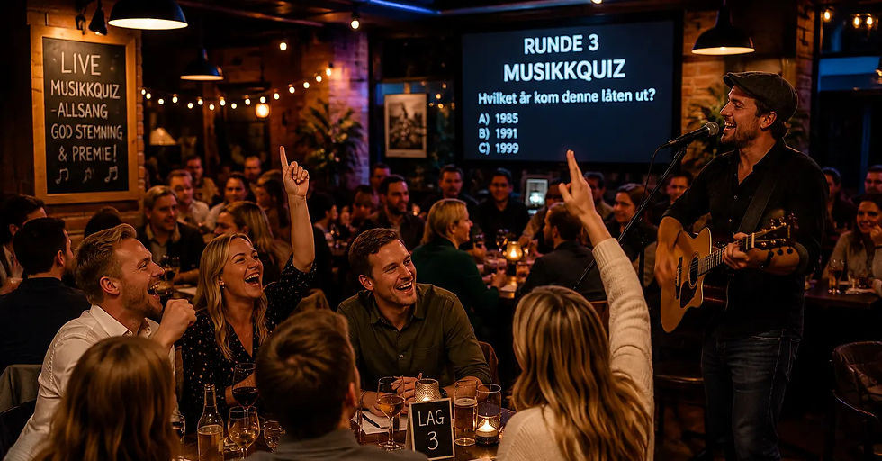 Live musikkquiz med trubadur på firmafest i Bergen